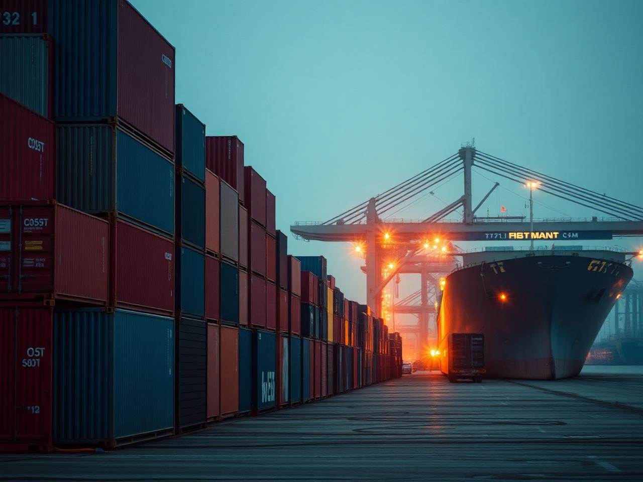 Contenedores y buque de carga en puerto durante una importación